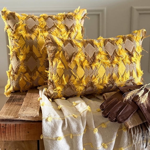 Ochre & Beige Decorative Lumbar Pillow Cover 12"x14" | Boho Jacquard Oblong Cushion Cover Abstract | Safari Boho Pillowcases for Bedroom, Couch & Sofa, Home Décor - Savanna Lattice