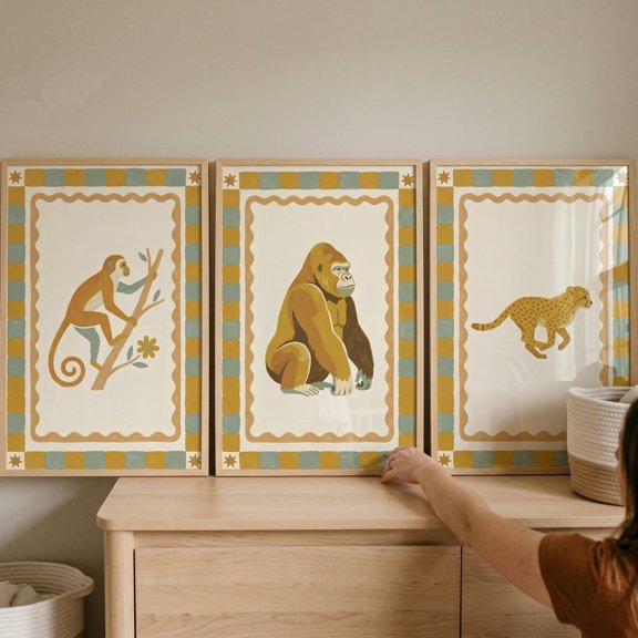 Ochre Checkered Savanna Animals Safari Jungle Animal Monkey Cheetah Safari Nursery Poster, Set 3, Poster Only