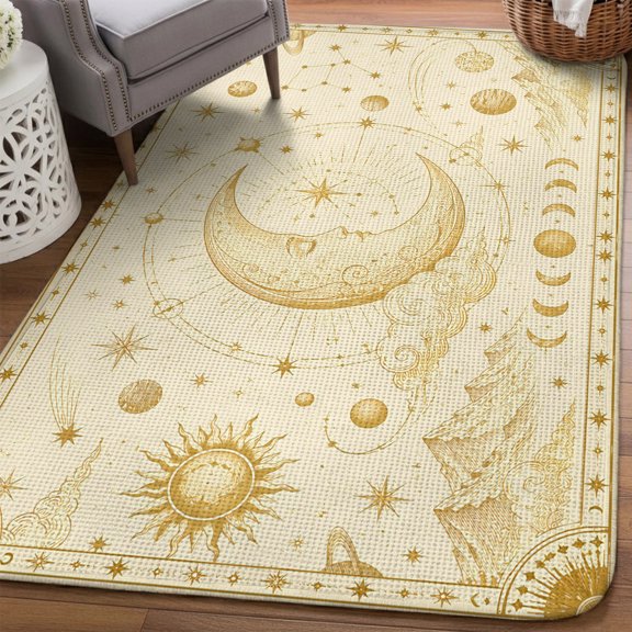 Ochre Lunar Phase Area Rugs for Living Room 5x6, Dreamy Bronze North Star Magic Divination Washable Area Rug Non Slip, Stain Resist Linen Carpet for Bedroom, Dining Room, Entryway, Entrance