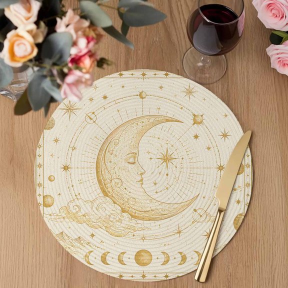 Ochre Lunar Phase Round Braided Placemats Set of 1, Dreamy Bronze North Star Magic Divination Heat Insulation Place Mats Washable Non-Slip Table Mats for Kitchen Dining Party, 13 Inches