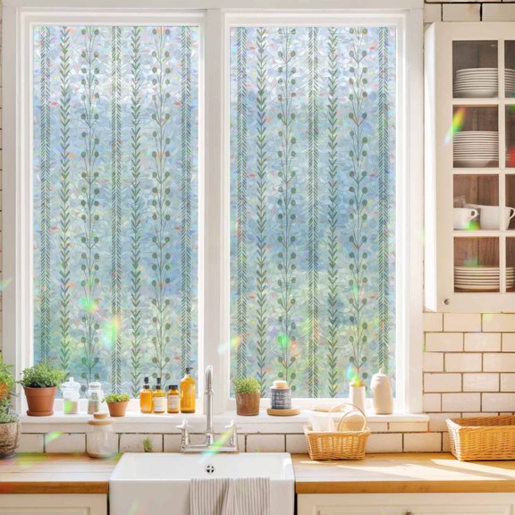 Ochre Window Privacy Film Rustic Vertical Dashed Lines Shabby Chic Sage Green Leaf Static Cling Stained Glass Window Film Non-Adhesive Decorative Decals Rainbow Sticker 17.7"X39.3"