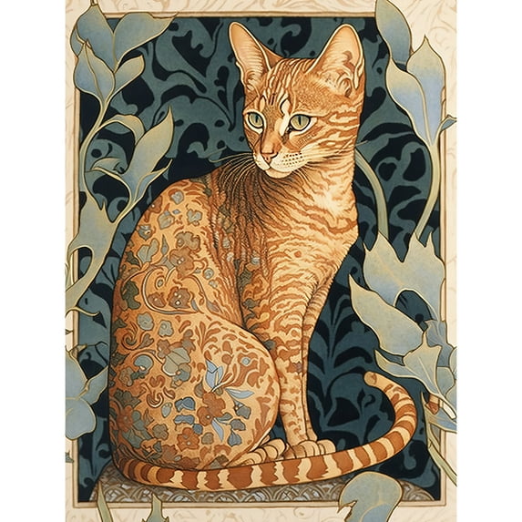 Ocicat Cat with Flower Pattern Fur Coat Art Nouveau Watercolour Illustration Extra Large XL Wall Art Poster Print