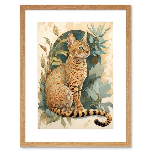 Ocicat Cat with Teal Rosette Pattern Fur and Leafy Plants Watercolour Illustration Artwork Framed Wall Art Print 9X7 Inch