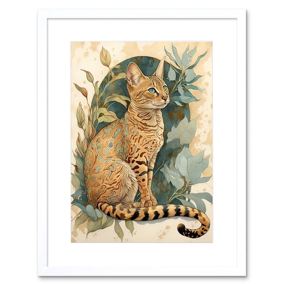 Ocicat Cat with Teal Rosette Pattern Fur and Leafy Plants Watercolour Illustration Artwork Framed Wall Art Print 9X7 Inch