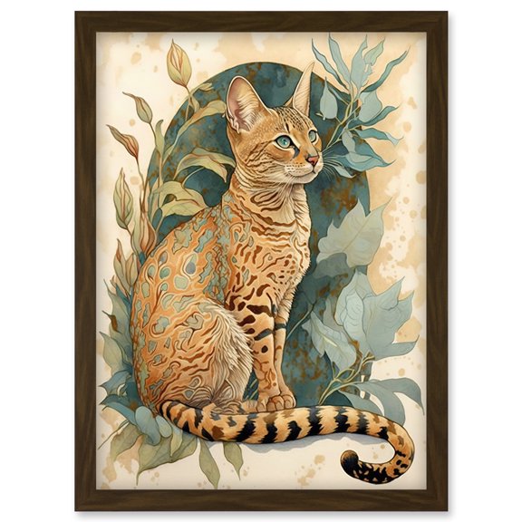 Ocicat Cat with Teal Rosette Pattern Fur and Leafy Plants Watercolour Illustration Artwork Framed Wall Art Print A4