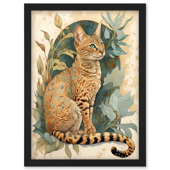Ocicat Cat with Teal Rosette Pattern Fur and Leafy Plants Watercolour Illustration Artwork Framed Wall Art Print A4