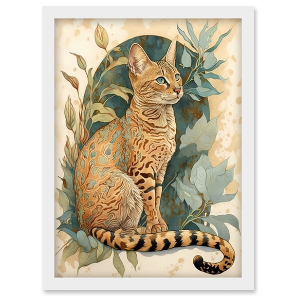 Ocicat Cat with Teal Rosette Pattern Fur and Leafy Plants Watercolour Illustration Artwork Framed Wall Art Print A4