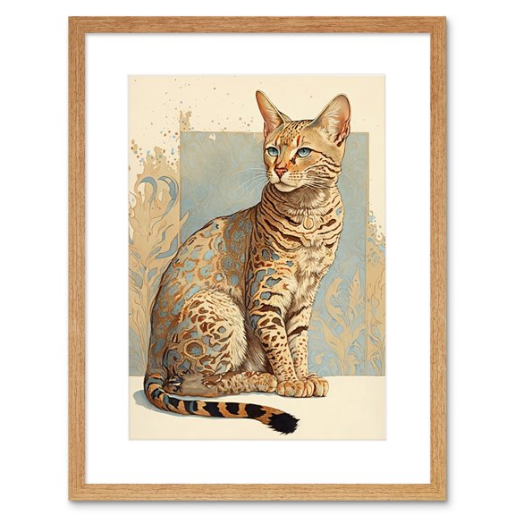 Ocicat Cat with Turquoise Rosette Pattern Fur Modern Watercolour Illustration Artwork Framed Wall Art Print 9X7 Inch