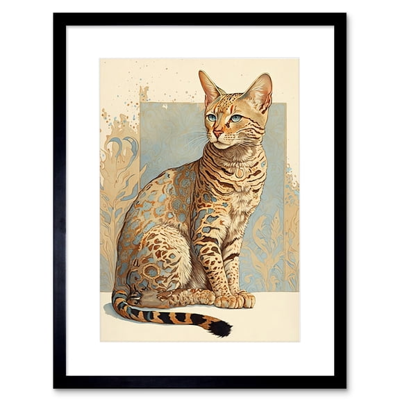 Ocicat Cat with Turquoise Rosette Pattern Fur Modern Watercolour Illustration Artwork Framed Wall Art Print 9X7 Inch