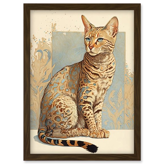 Ocicat Cat with Turquoise Rosette Pattern Fur Modern Watercolour Illustration Artwork Framed Wall Art Print A4