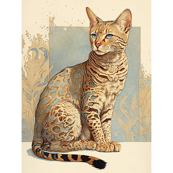 Ocicat Cat with Turquoise Rosette Pattern Fur Modern Watercolour Illustration Large Wall Art Poster Print Thick Paper 18X24 Inch