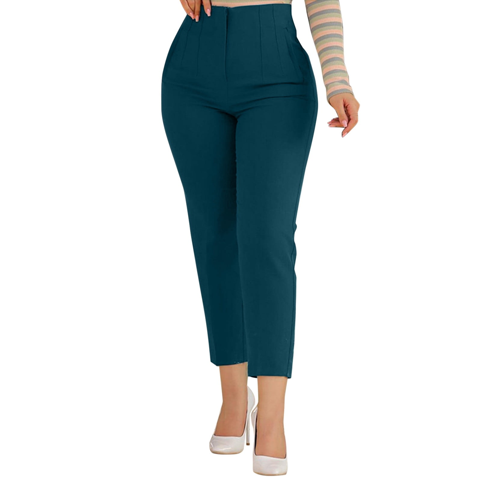 Ociviesr Women High Waist Cropped Work Pants Solid Zipper Trouser Pant