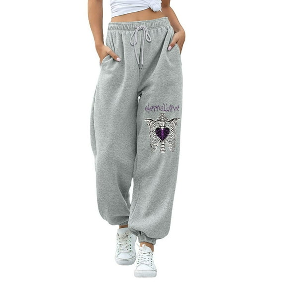 Ociviesr Women Printed Casual Pants With Two Pockets Sports Closed Waist Lace Up Elastic Waist Small Foot Pants Sweatpants Straight Leg Sweatpants for Women Women's Warm up Pants