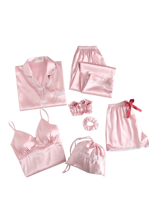 Women Seven Piece Set Long Sleeve Shorts Suspenders Solid Color Loungewear Set Pajamas Knit Pajama Set for Women Womens Pajamas 100 Cotton
