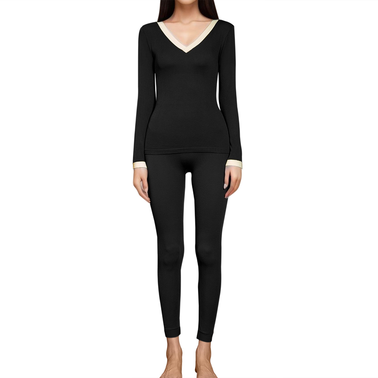 Ociviesr Women Solid Color Two Piece Suit Thermal Underwear Stretch Top