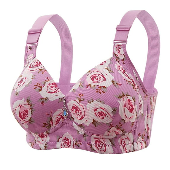 Ociviesr Women's Plus Size Anti Sagging Gathered Double Without Steel Ring Thin Rose Print Bra Mom Bra Women Bras plus Size Front Hook