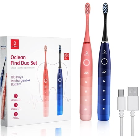Oclean Find Duo Electric Toothbrush Set for Adults, Rechargeable Power Toothbrush for Lovers Couples , Red/Blue