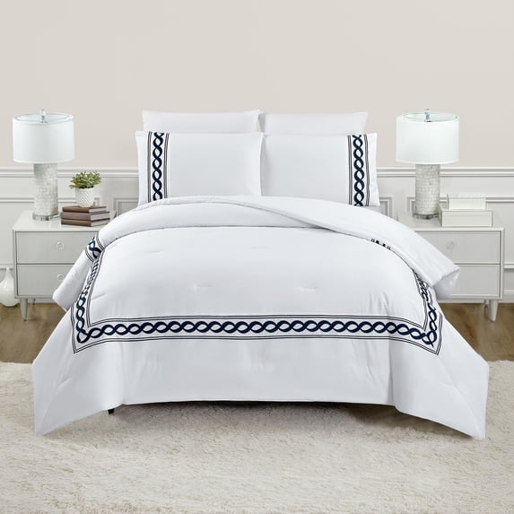 Dee Ocleppo Embroidered Cable Border White/Navy 3-Piece Hotel Style Comforter Set, King