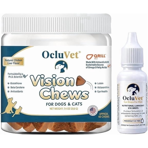 OcluVet Eye Care Bundle for Dogs & Cats | Vision Support Chews with Omega-3 | Includes 60 Chicken Liver Flavor Chews & 16 mL Eye Drops