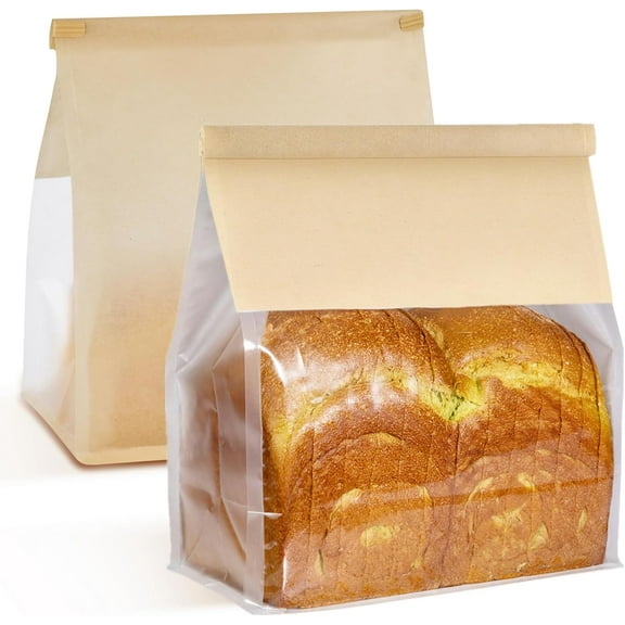 Ocmoiy 50Pcs Large Paper Bread Bags, Resealable Sourdough Bread Bags, Clear Front Tin Tie Tab Lock Bakery Storage Bag with Window Paper Treat Bag (8.7x4.3x11 Inch)