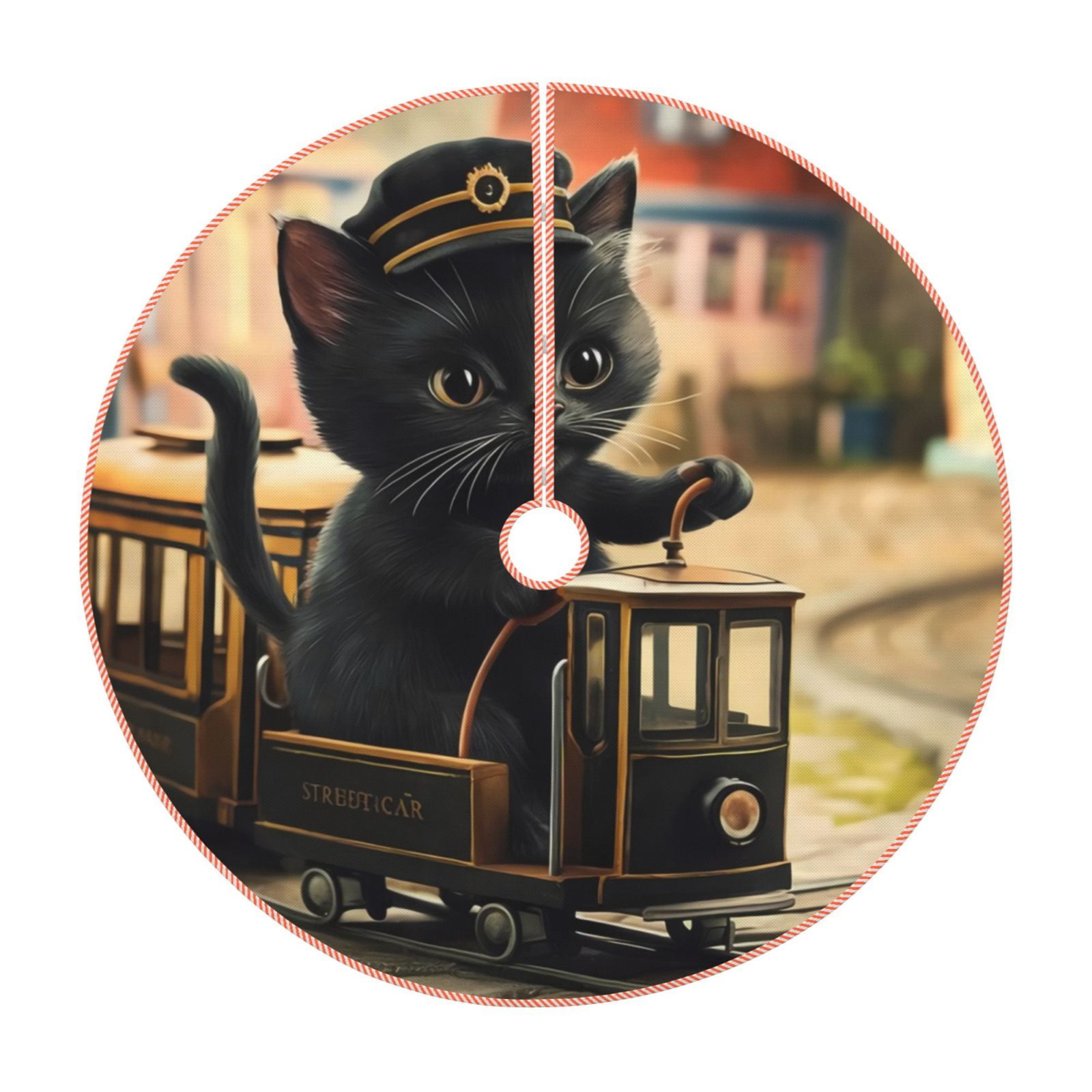 Ocsxa Adorable Kitten On Mini Train Christmas Tree Skirt Snowman Xmas