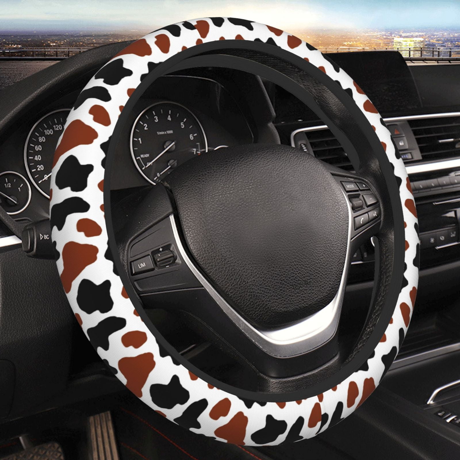 Ocsxa Brown Black Cow Steering Wheel Cover,Universal 15 Inch Anti Slip