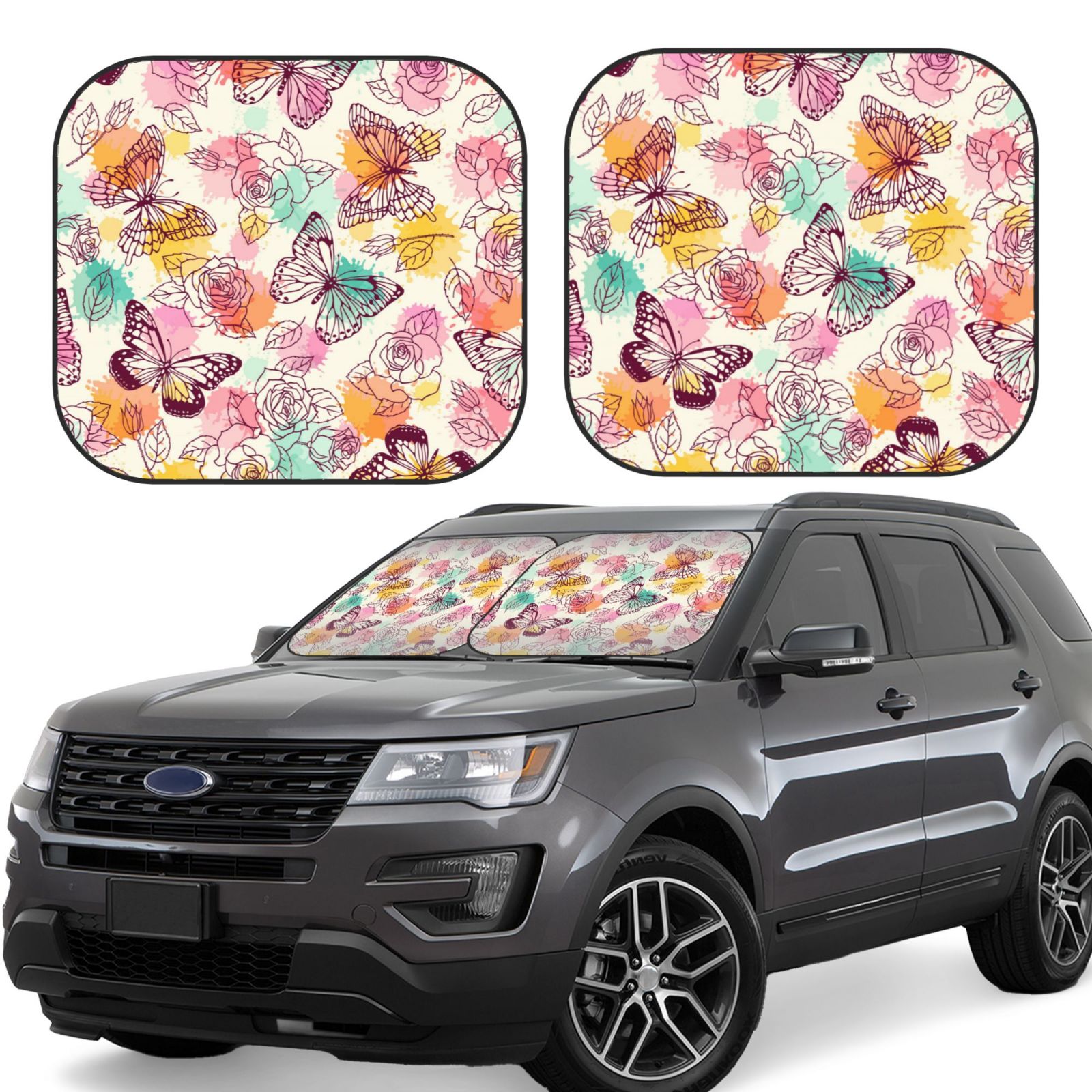 Ocsxa Butterflies and Roses Print Car Windshield Sun Shade, 2Piece