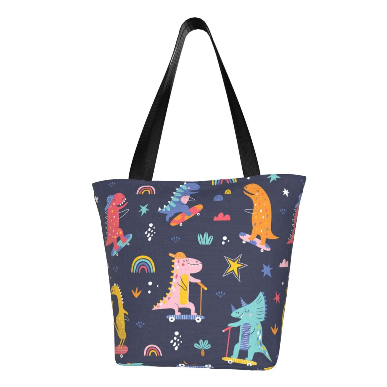 Cute Dinosaur Canvas Tote Bag – Reusable Grocery Shopping Bag, Aesthetic Medium Tote For Women, Friends & Classmates (Multicolor, 13.8x16.5 In)