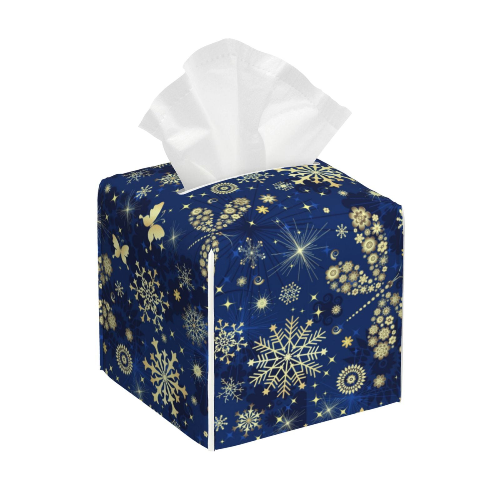 Abstract Blue Grey Tissue Box Cover - 5.2 Inch Square PU Leather Holder With Open Bottom