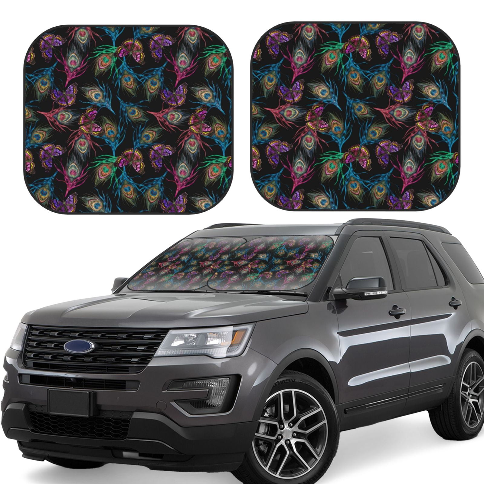 Ocsxa Feathers And Butterflies Print Car Windshield Sun Shade, 2Piece