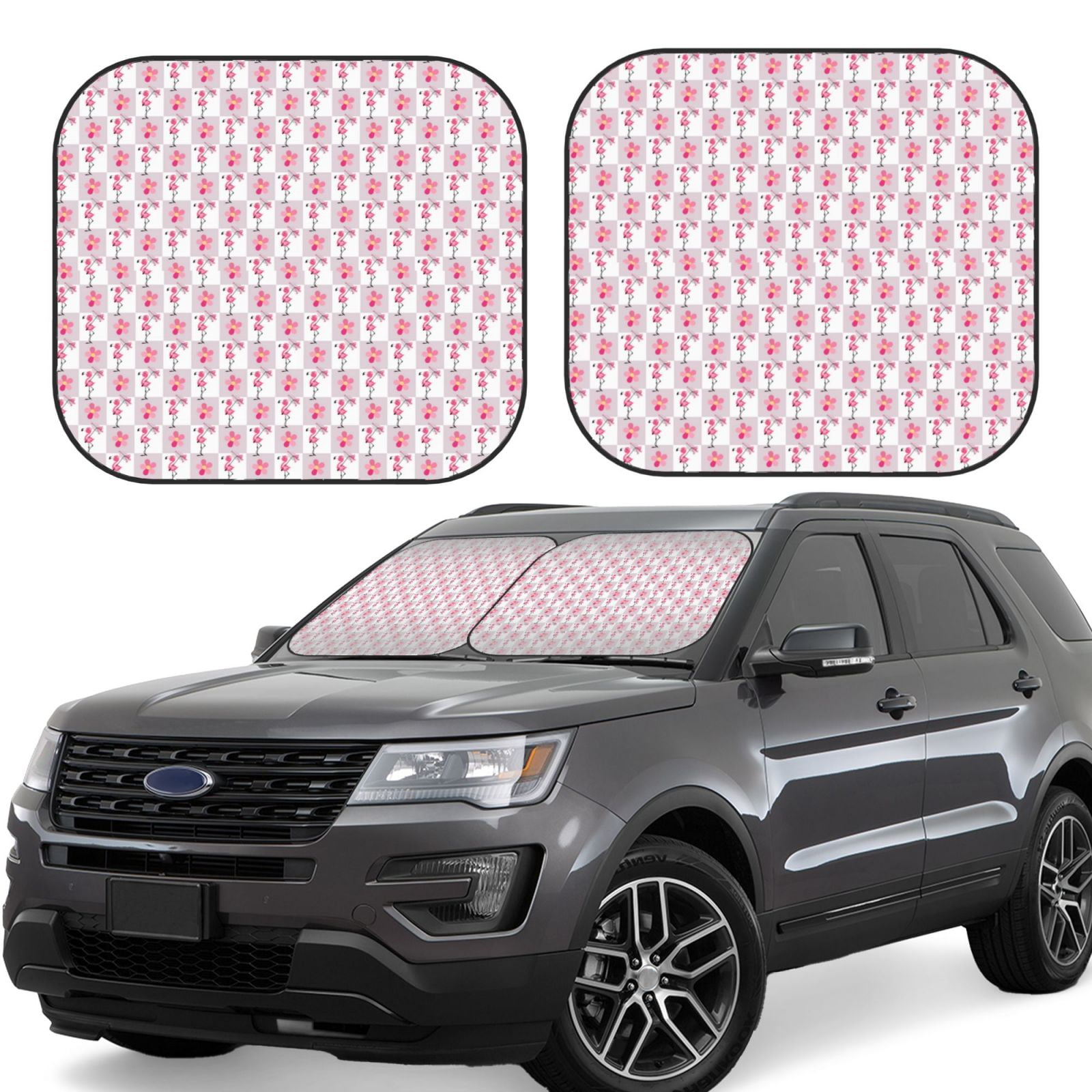 Ocsxa Flamingo On Checkered Print Car Windshield Sun Shade, 2Piece