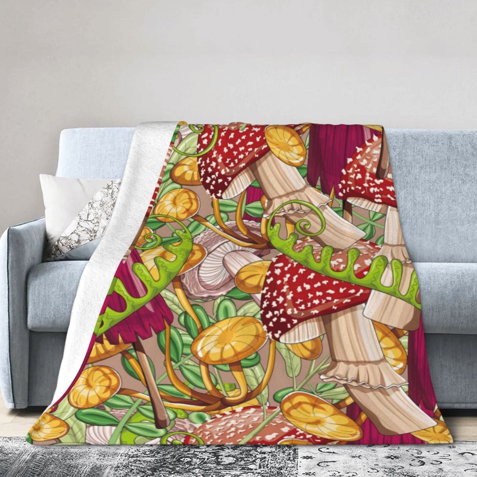 Ocsxa Flannel Fleece Colored Large Mushrooms And Leaves Print Throw