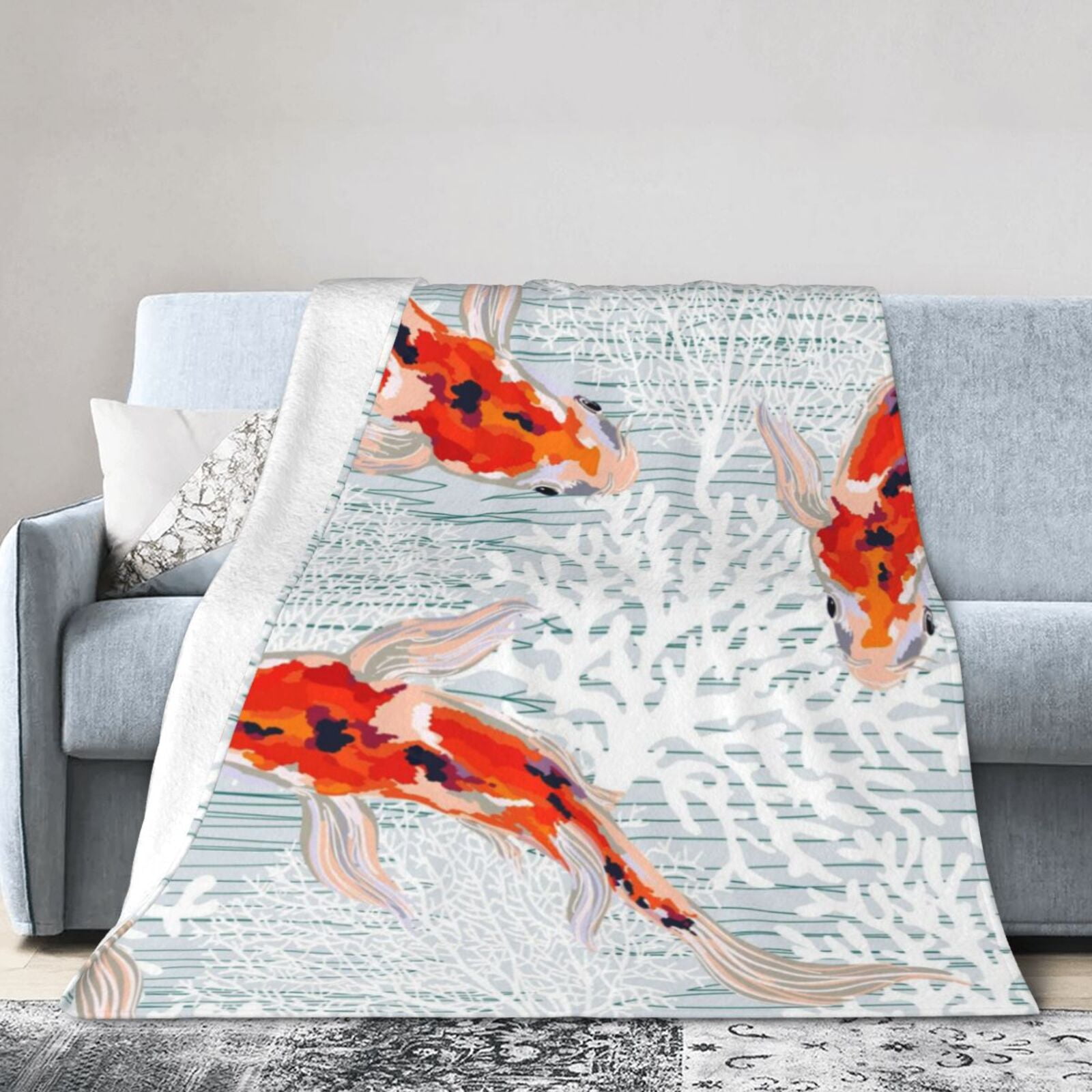 Ocsxa Flannel Fleece Koi Fish Corals,Spring Summer Print Throw Blanket