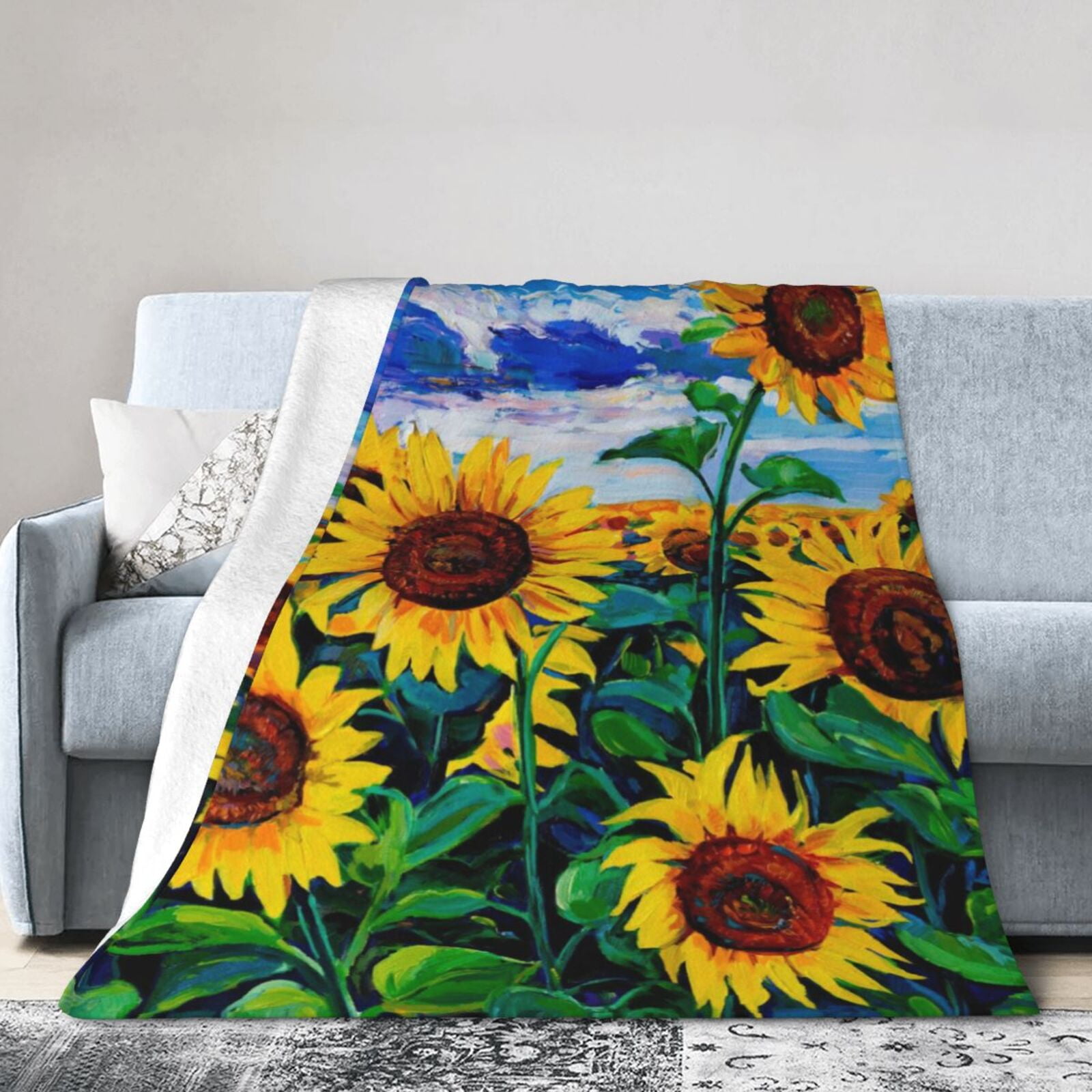 Ocsxa Flannel Fleece Landscape With Sunflowers Print Throw Blanket