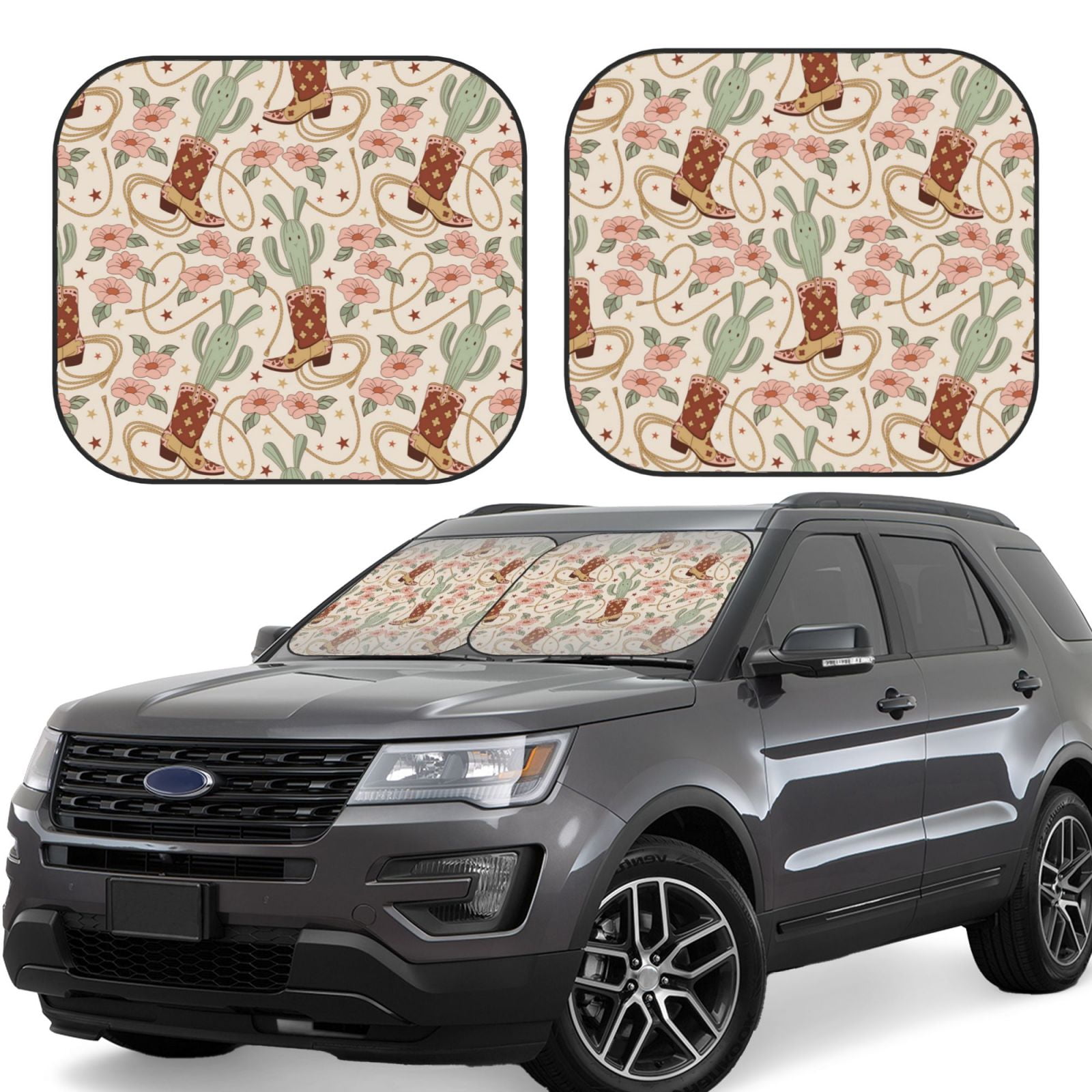 Ocsxa Floral Cowboy Boots Print Car Windshield Sun Shade, 2Piece
