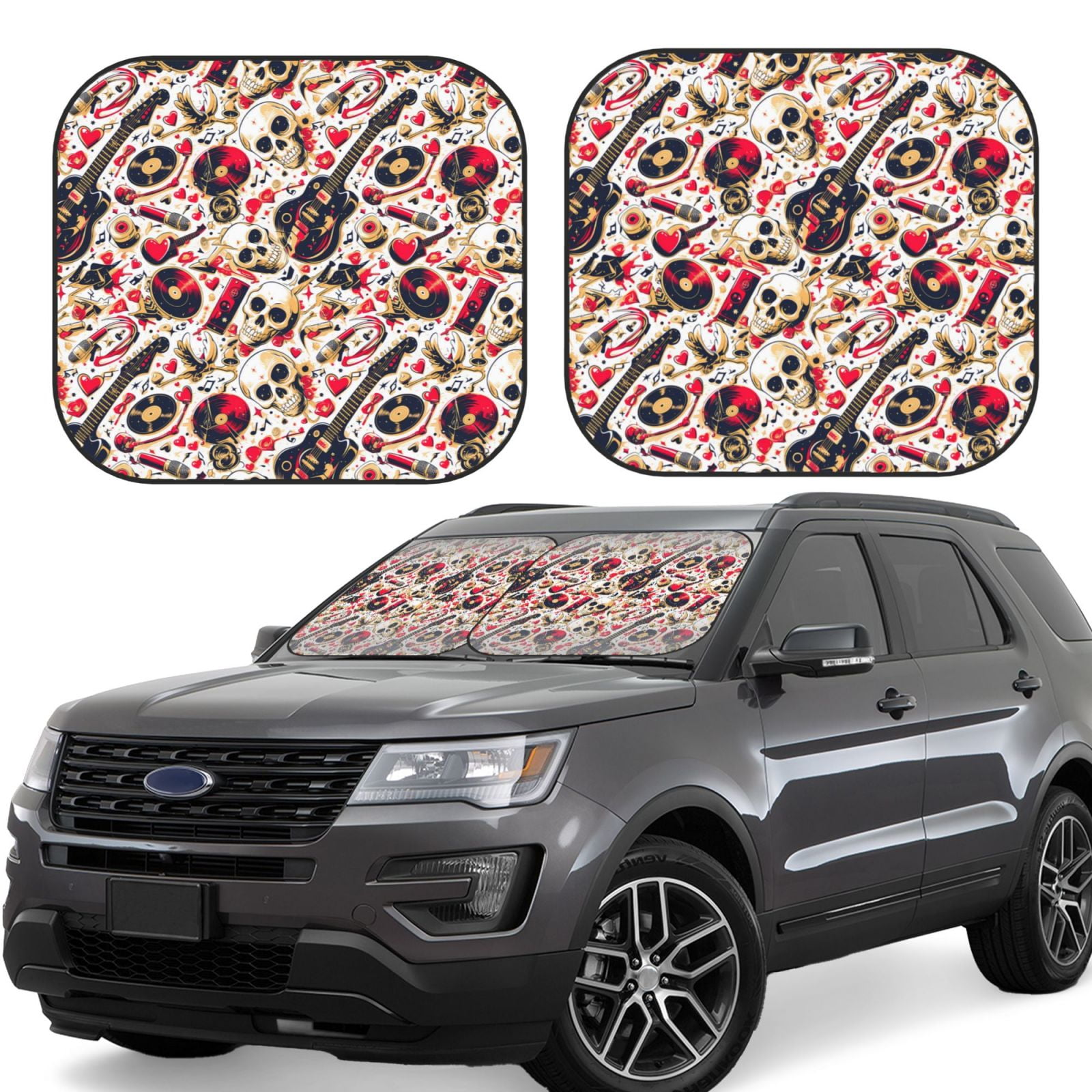 Ocsxa Guitar Skull rock Print Car Windshield Sun Shade, 2Piece