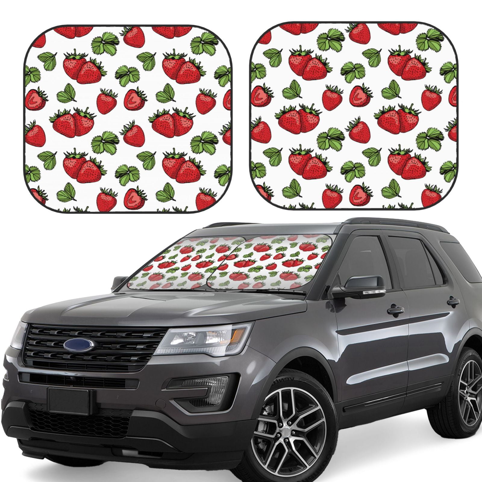 Ocsxa Hand Drawn Strawberry Print Car Windshield Sun Shade, 2-Piece Foldable Automotive ...