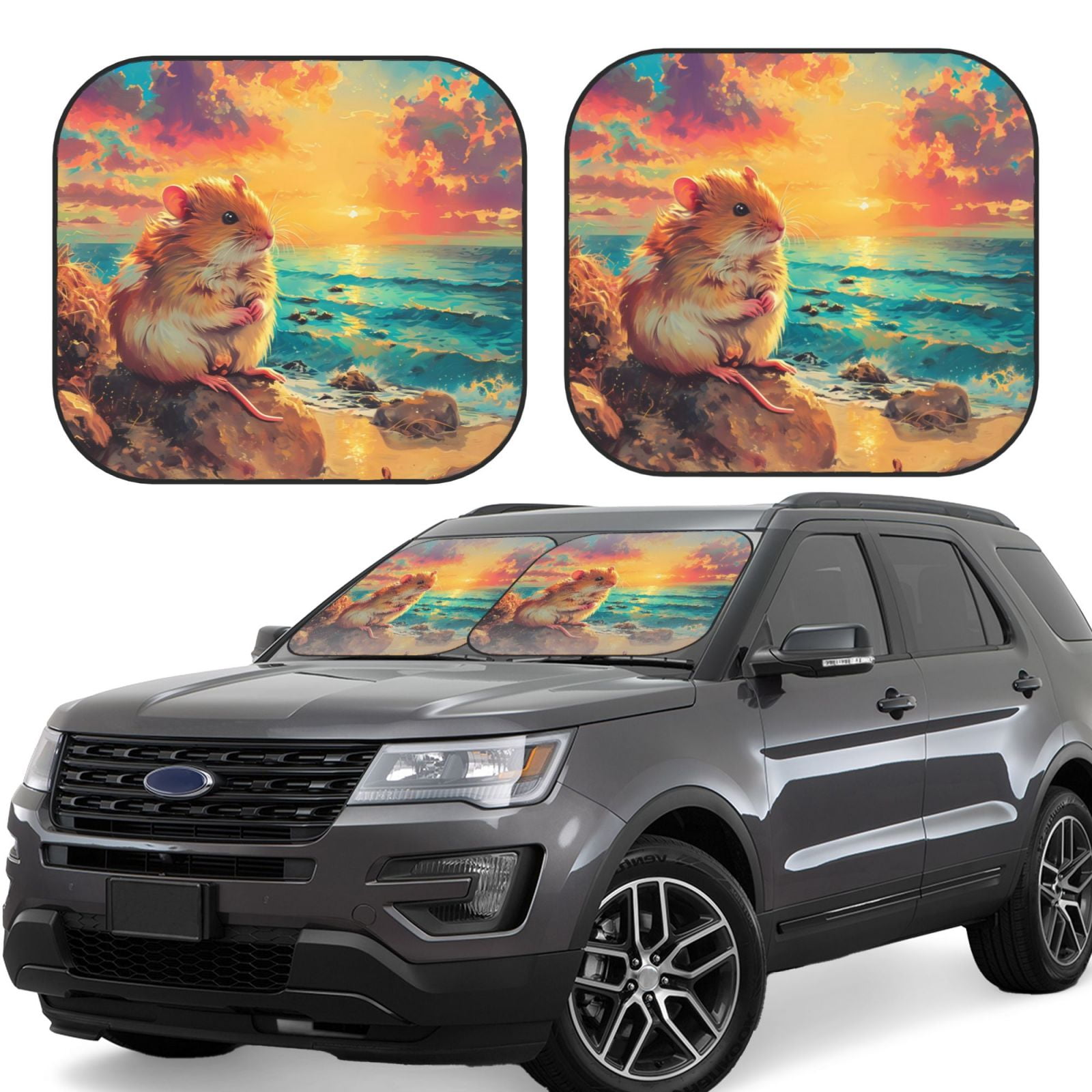Ocsxa Island Beach Guinea Pig Print Car Windshield Sun Shade, 2Piece