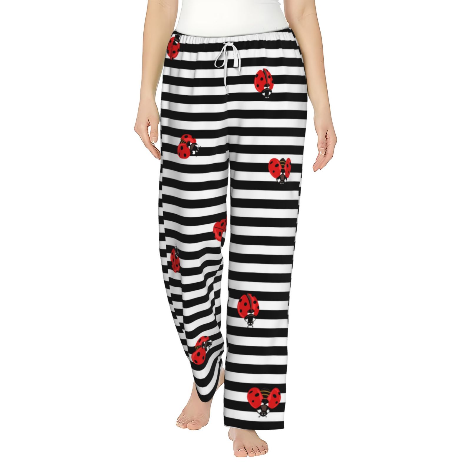 Ocsxa Pajamas Pants For Women,Ladybugs On Black And White Striped
