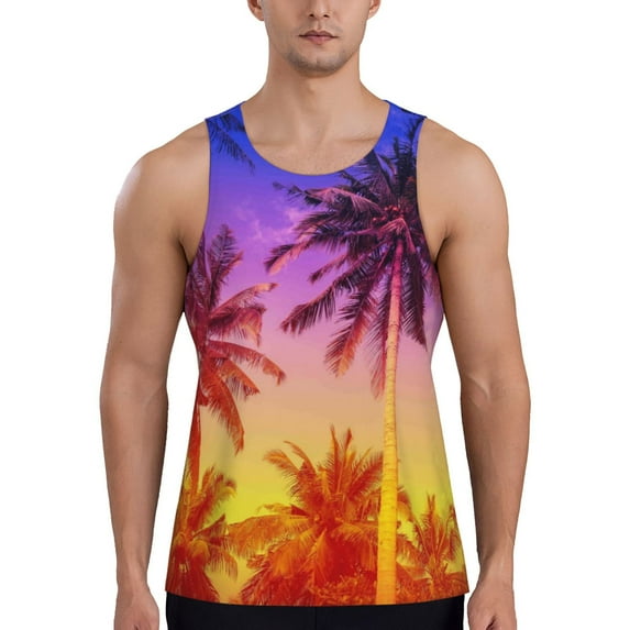 Ocsxa Palm Trees at Sunset Pattern Men's Muscle Gym Workout Stringer Tank Tops Bodybuilding Fitness T-Shirts-3X-Large