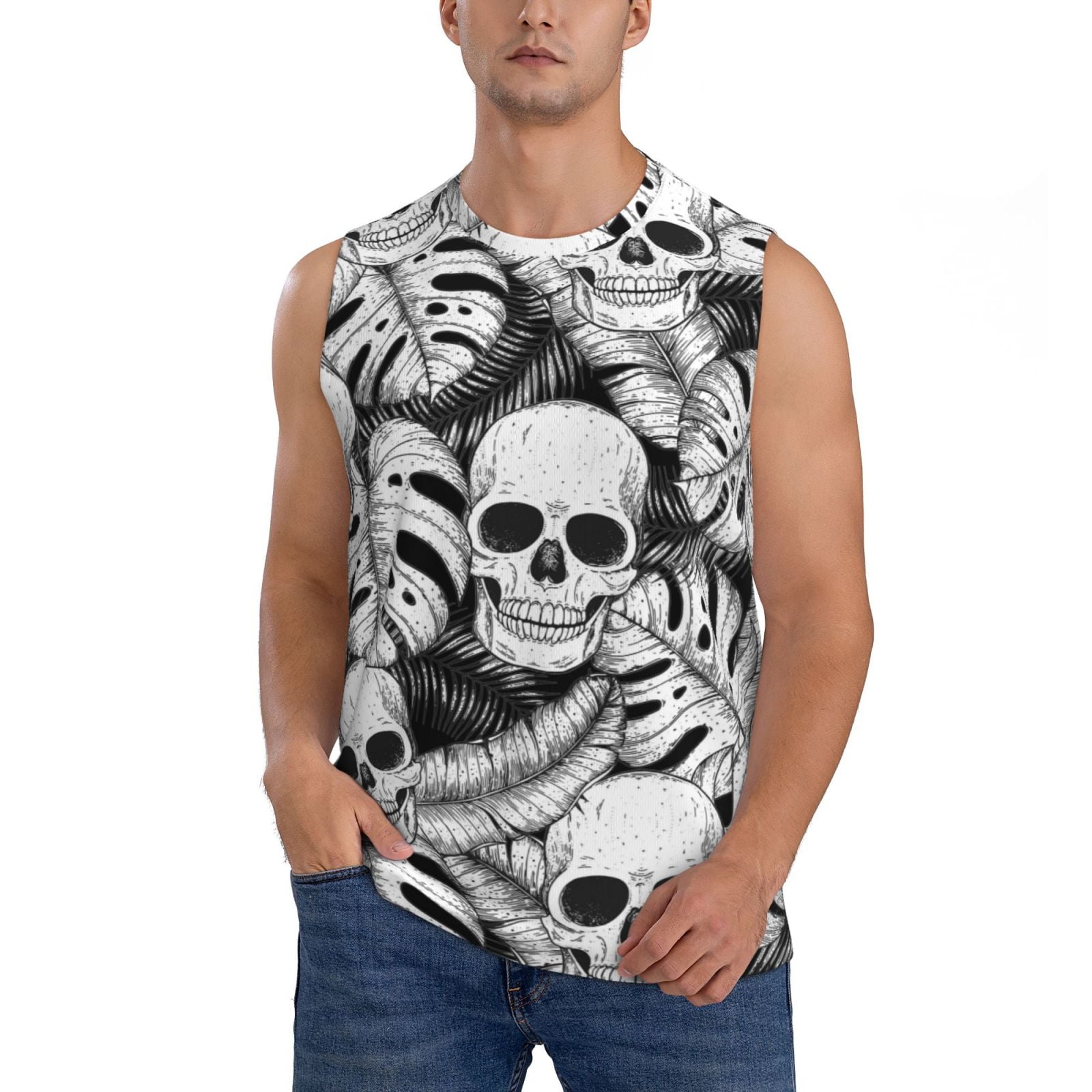 Ocsxa Skull And Palm Leaves Print Workout Tank Tops Gym Sleeveless