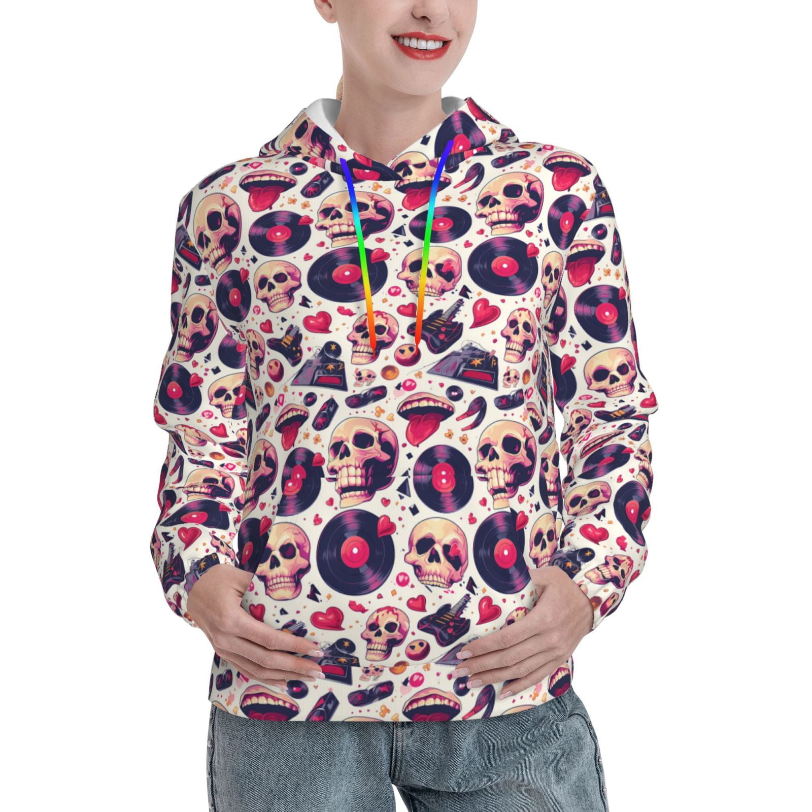 Ocsxa Skull lips record Guitar Print Women's Hoodie Sweatshirts Workout