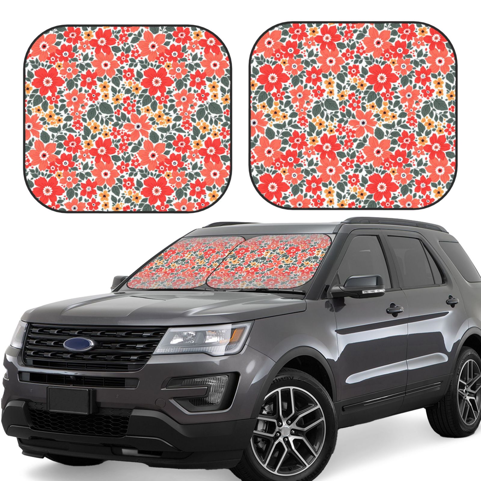 Ocsxa Small Coral Red Flowers Print Car Windshield Sun Shade, 2Piece