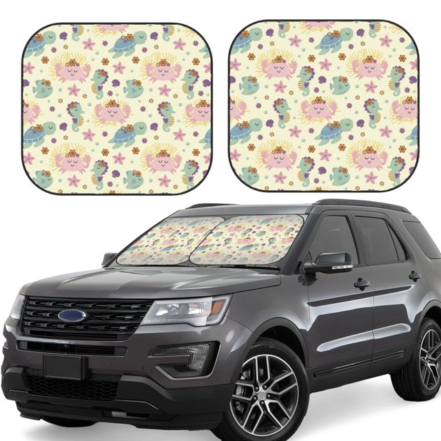 Ocsxa Turtle Crab Sea Horse Print Car Windshield Sun Shade, 2Piece