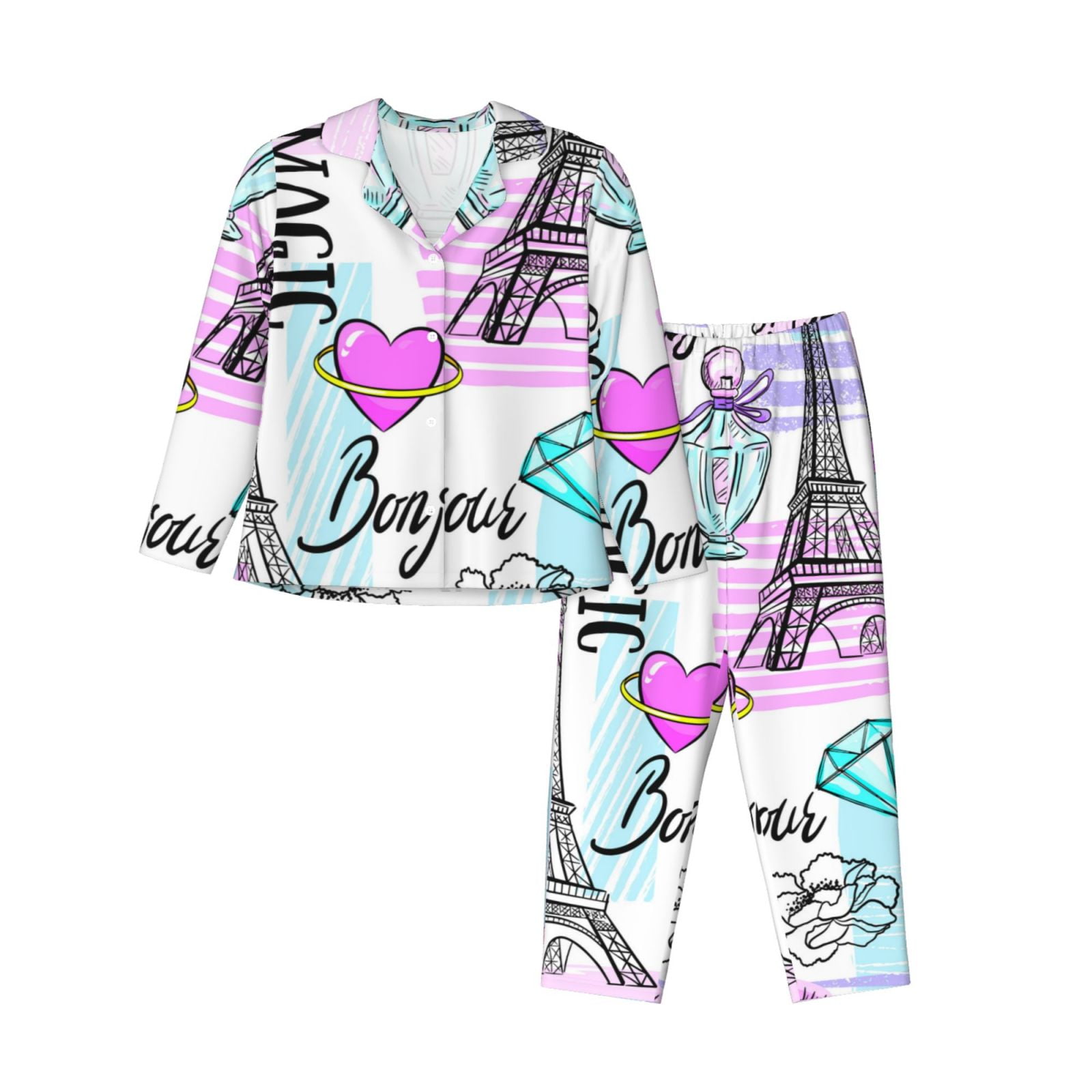 Ocsxa Women 2 Piece Floral Pajamas Lounge Set Eiffel Tower And Hearts