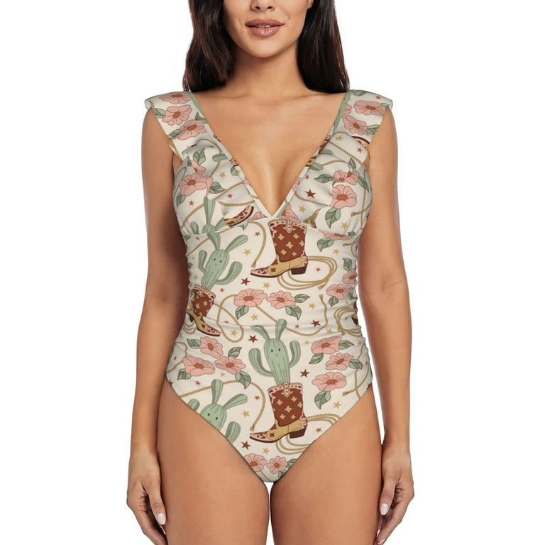 Ocsxa Women s Ruffle One Piece Swimsuits Tummy Control Bathing Suit V Neck Swimwear Slimming for Teen Girls Floral Cowboy Boots Print X Large Walmart