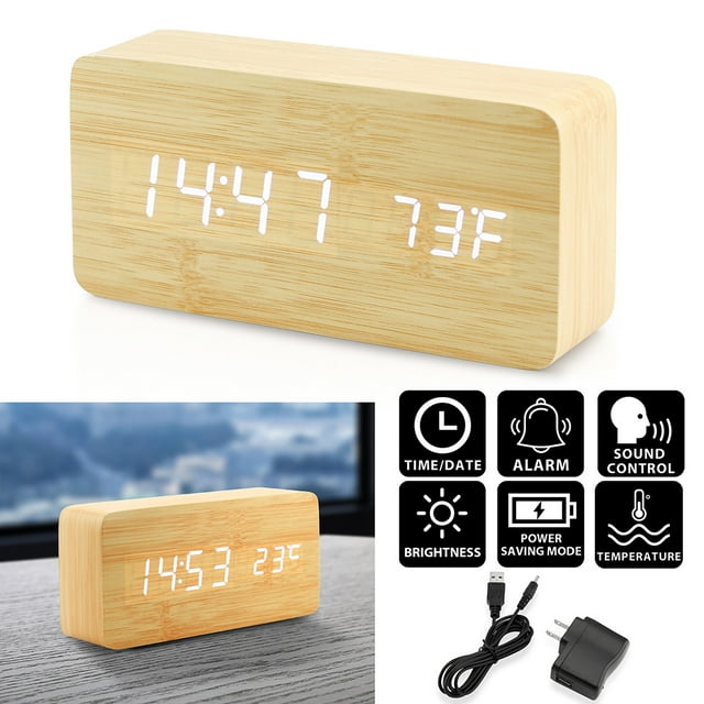 Oct17 LED Wooden Desk Clock Alarm Snooze Voice Control Timer ...