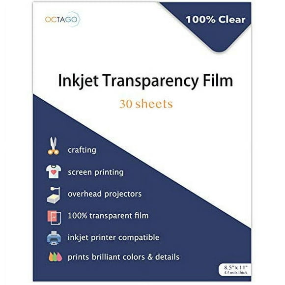 Octago Inkjet Transparency Paper (100% Clear) for Printers, Color Inkjet Transparency Film, Acetate Sheets for Crafts, Premium Print, Clear (8.5x11 Inches) - 30 Sheets
