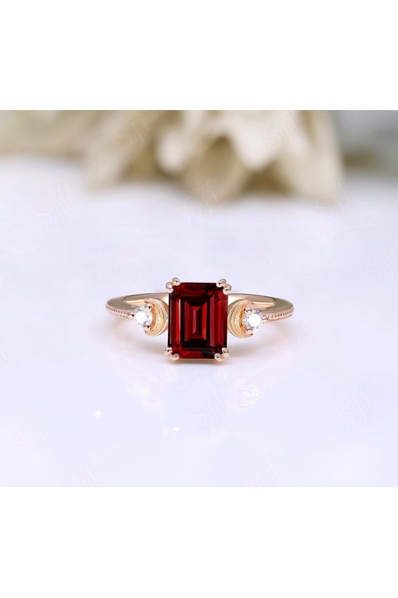 Octagon 8.00X6.00mm 925 Rose Gold Plated Red Garnet Silver Engagement Promise Wedding Ring 14K Gold Graduation Birthday Gift For Her