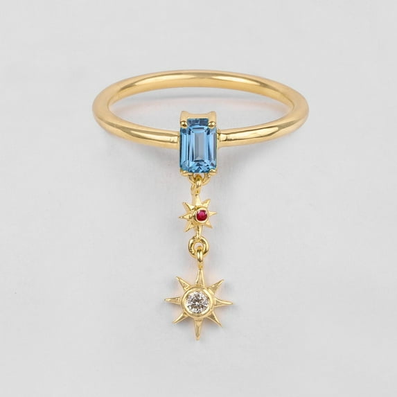 Octagon Aquamarine Double Sun Star Drop Ring, Round Ruby And Cubic Zirconia Ring, Three Gemstone Ring, 925 Starling Silver Handmade Ring, Birthston Jewelry, Gift For Mother's Day,Sister